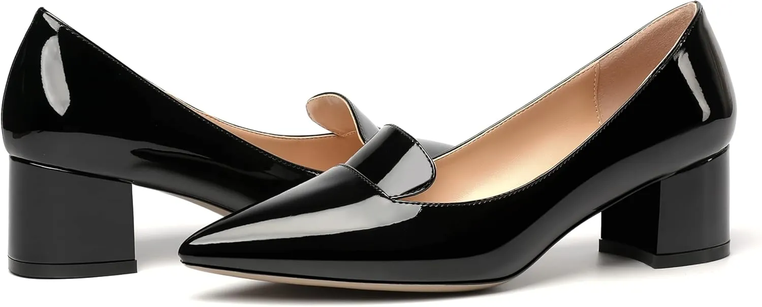 ROSERWISH Womens Slip On Pointed Toe Work Formal Office Patent Chunky Low Heel Pumps Dress Shoes 2 Inch