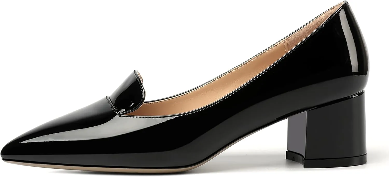ROSERWISH Womens Slip On Pointed Toe Work Formal Office Patent Chunky Low Heel Pumps Dress Shoes 2 Inch