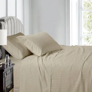 Royal Tradition Made in USA- Pure Cotton Sheet Set- Extra Deep Pockets (22-Inches) 608 Thread Count, Queen Size Bed Sheets, Striped Beige