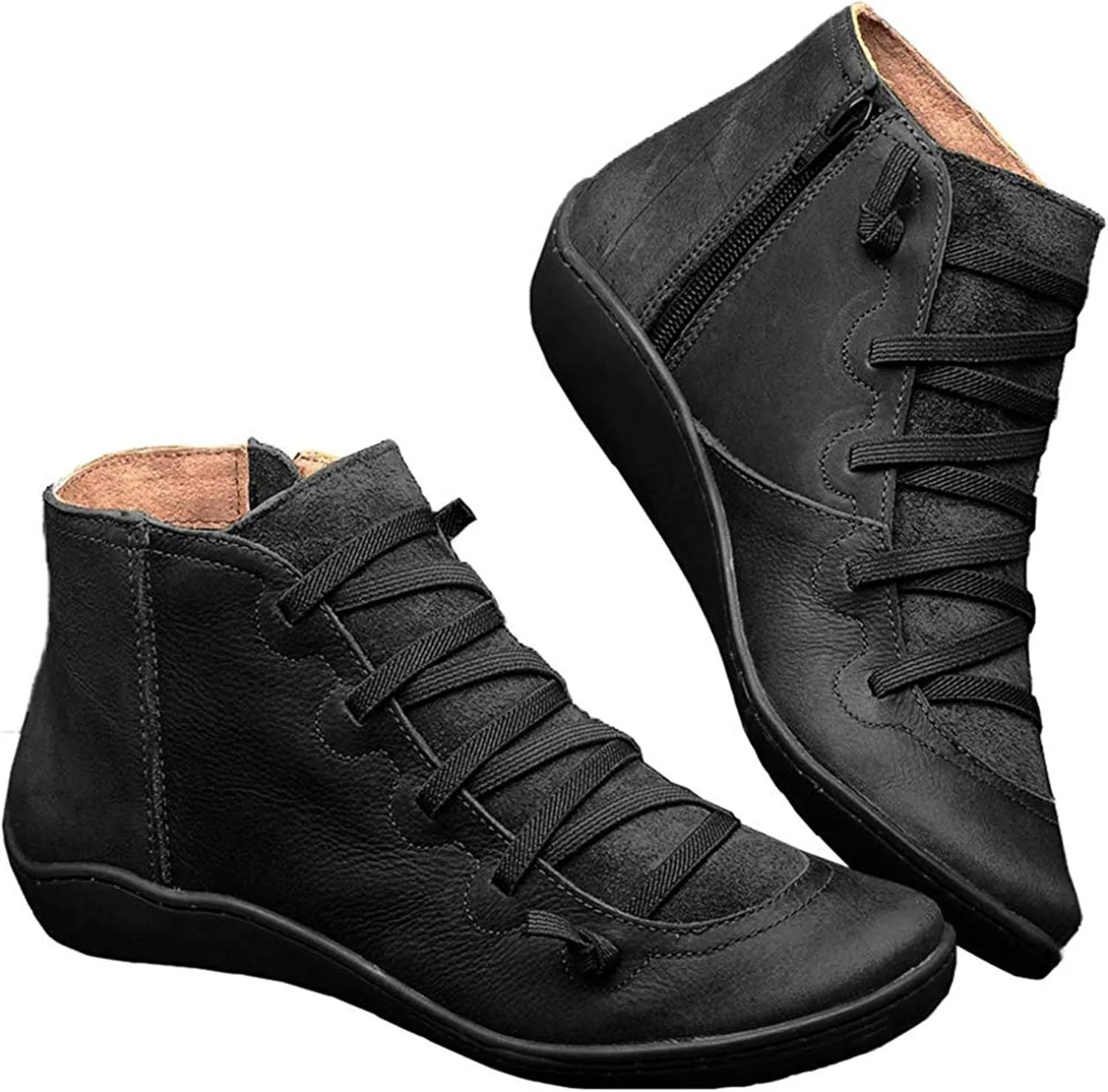Ru Sweet Women's Arch Support Boots Comfy Lace Up Flat Heel Ankle Booties