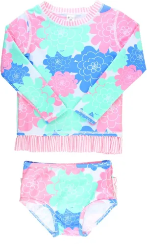 RuffleButts Baby/Toddler Girls Pastel Floral Long Sleeve UPF 50  Rash Guard Bikini Swimsuit - 3-6m