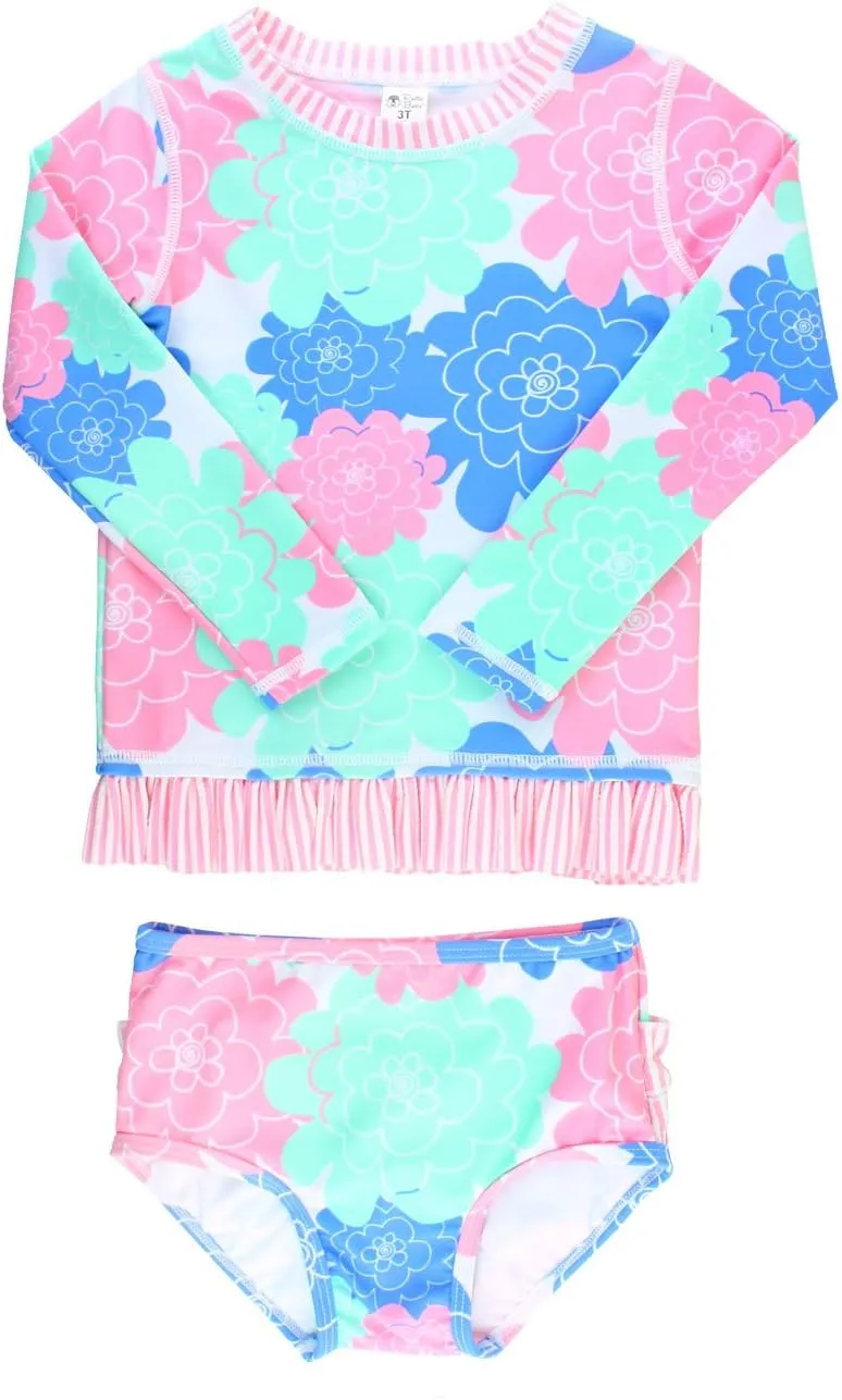 RuffleButts Baby/Toddler Girls Pastel Floral Long Sleeve UPF 50  Rash Guard Bikini Swimsuit - 3-6m