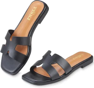 Sandals For Women 2025 Dressy Flat Slides Open Toe Sandals Comfortable Soft Leather Slides Slip On Ladies Casual Trendy Shoes