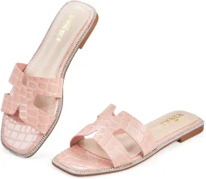 Sandals For Women 2025 Dressy Flat Slides Open Toe Sandals Comfortable Soft Leather Slides Slip On Ladies Casual Trendy Shoes