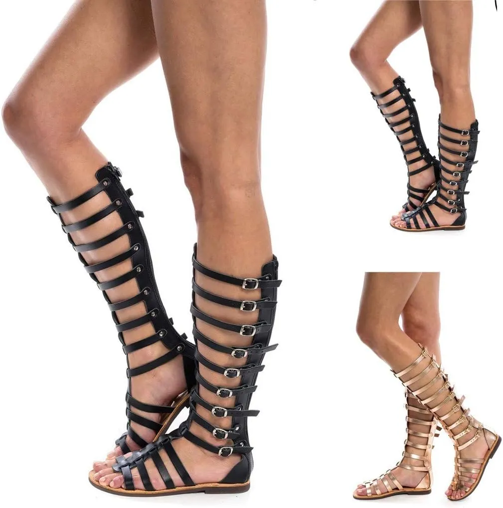 Sandals for Women Dressy Gladiator Sandals Butterfly Flat Summer Strappy Crystal Open Toe Knee High Flat Sandal