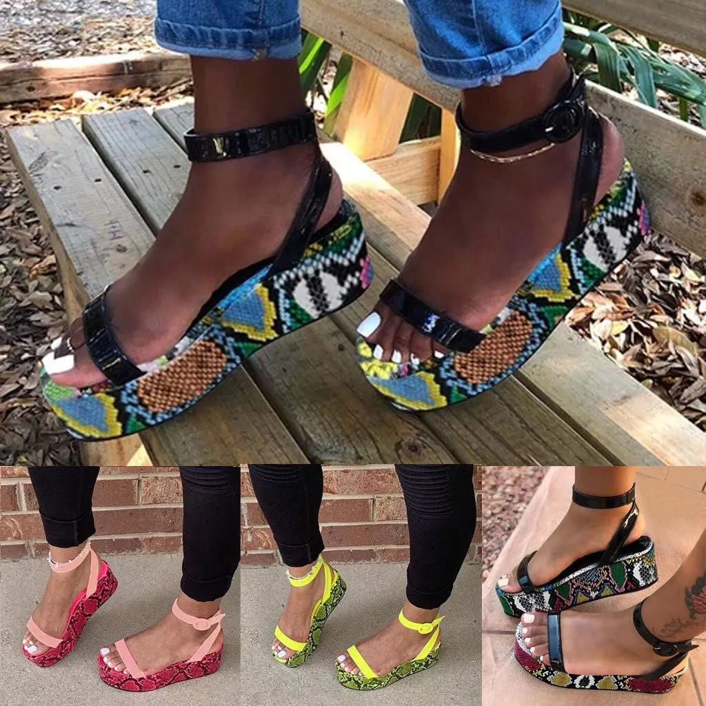 Sandals for Women Wide Width,Open Toe Ankle Strap Wedges Sandal Sexy Snakeskin Flatform Sandals Slingbacks Heeled Sandals