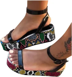 Sandals for Women Wide Width,Open Toe Ankle Strap Wedges Sandal Sexy Snakeskin Flatform Sandals Slingbacks Heeled Sandals