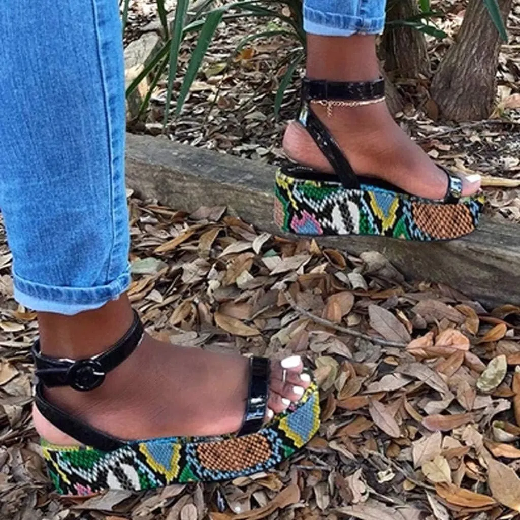 Sandals for Women Wide Width,Open Toe Ankle Strap Wedges Sandal Sexy Snakeskin Flatform Sandals Slingbacks Heeled Sandals