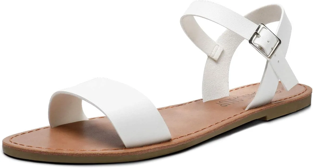 SANDALUP Women’s Soft Faux Leather Open Toe and Ankle Strap Buckle Flat Sandals