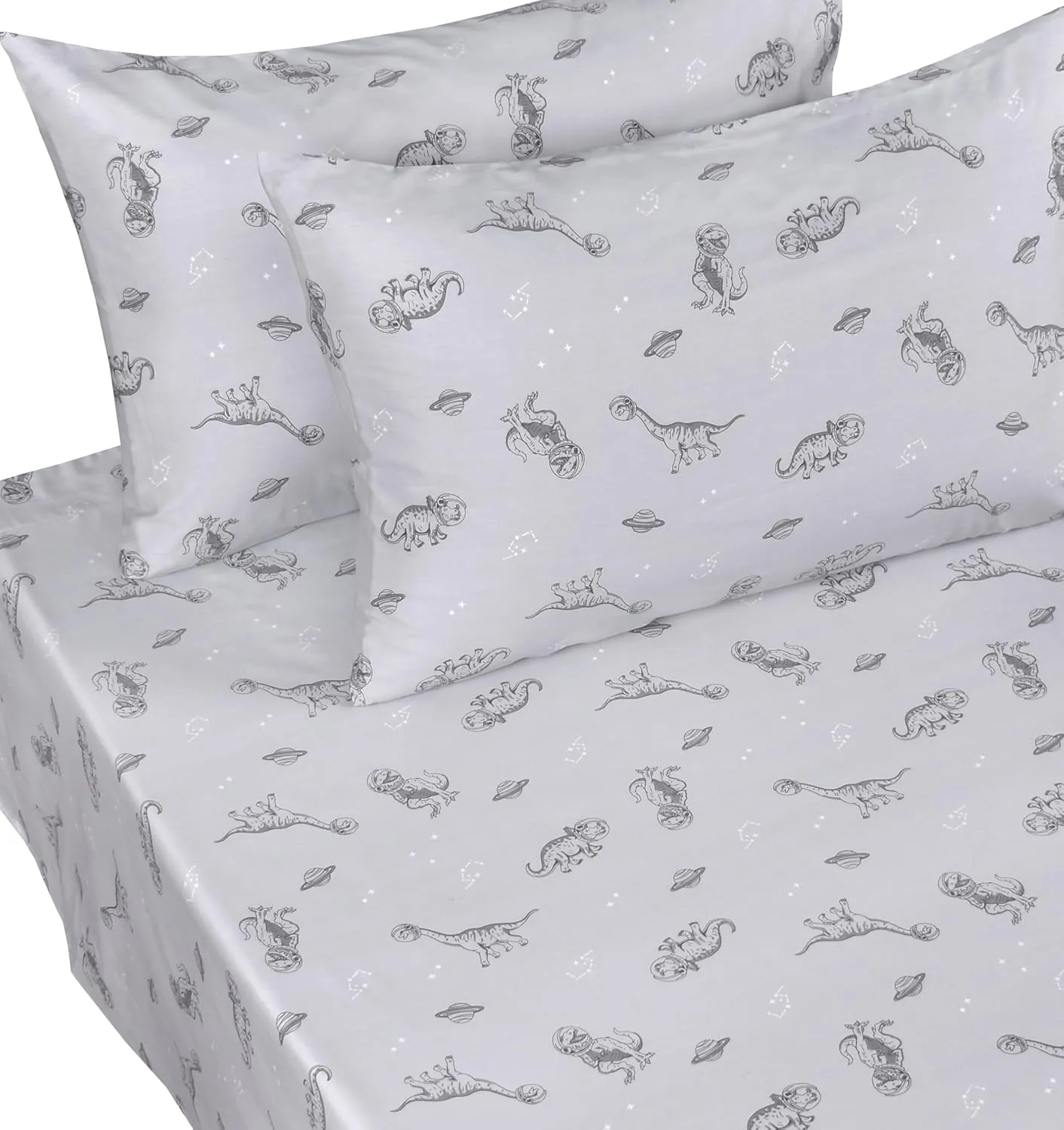 Scientific Sleep Gray Dinosaur Space Walk Universe Travel 100% Cotton 4 Pcs Twin Bed Sheet Set Kids Toddler Teen, Flat Sheet & Fitted Sheet & Pillowcase Kids Bedding Set Full