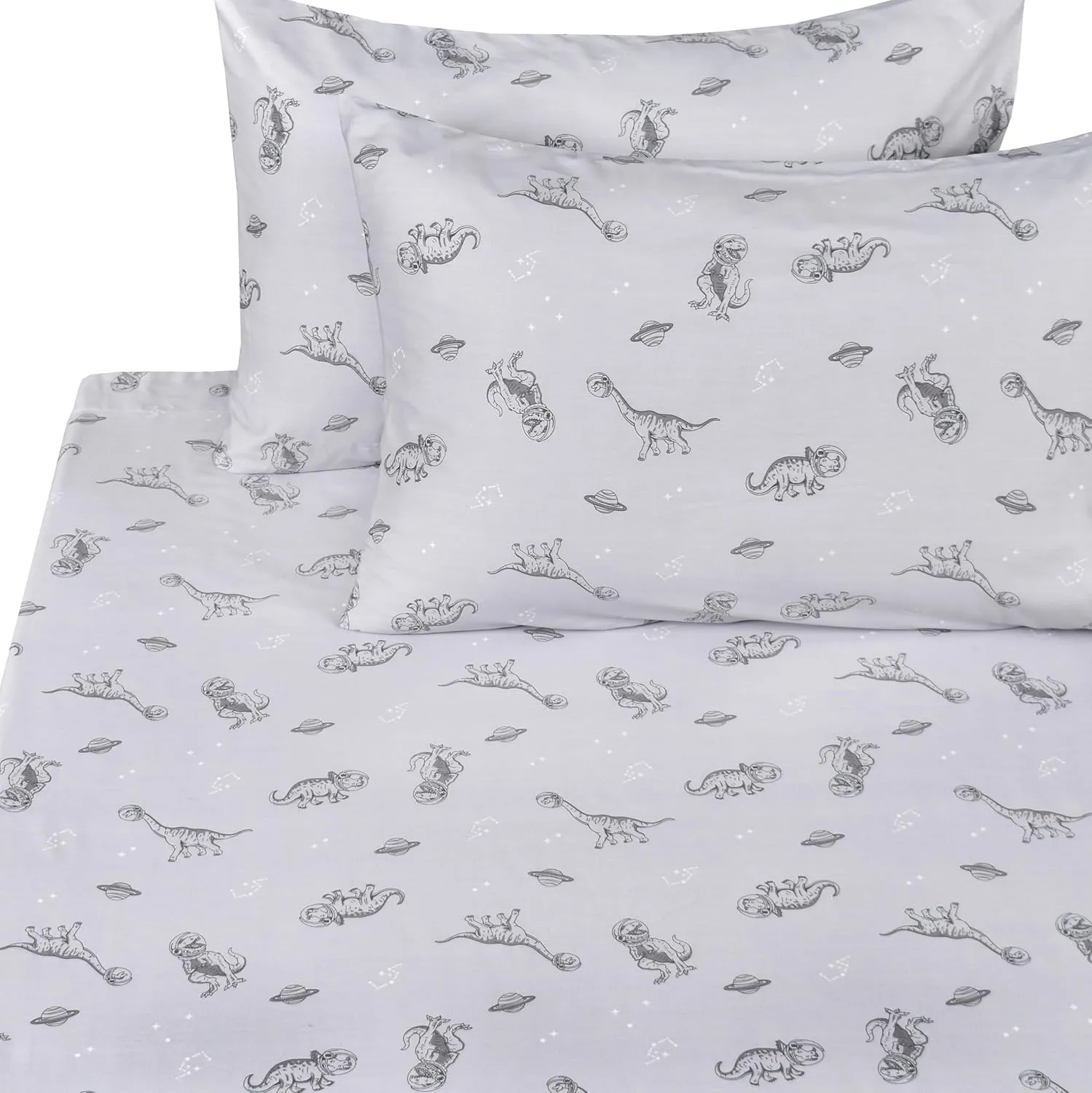 Scientific Sleep Gray Dinosaur Space Walk Universe Travel 100% Cotton 4 Pcs Twin Bed Sheet Set Kids Toddler Teen, Flat Sheet & Fitted Sheet & Pillowcase Kids Bedding Set Full
