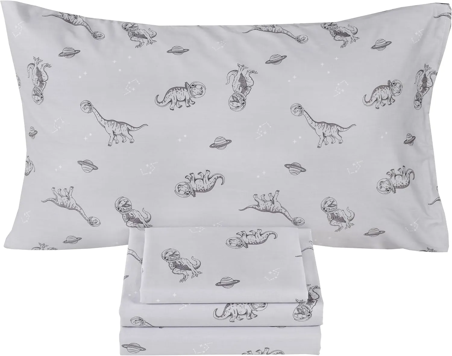 Scientific Sleep Gray Dinosaur Space Walk Universe Travel 100% Cotton 4 Pcs Twin Bed Sheet Set Kids Toddler Teen, Flat Sheet & Fitted Sheet & Pillowcase Kids Bedding Set Full