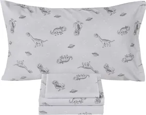 Scientific Sleep Gray Dinosaur Space Walk Universe Travel 100% Cotton 4 Pcs Twin Bed Sheet Set Kids Toddler Teen, Flat Sheet & Fitted Sheet & Pillowcase Kids Bedding Set Full
