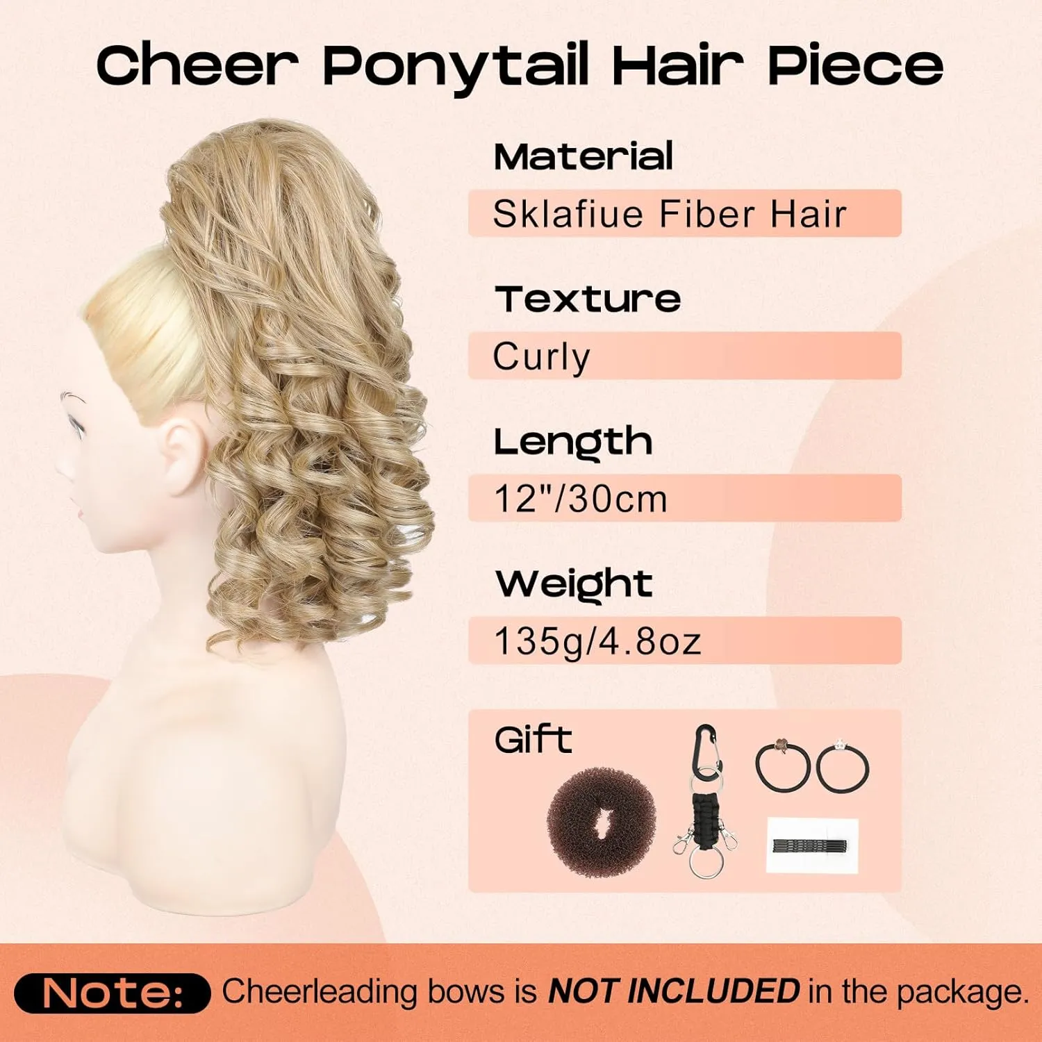 SEIKEA Cheer Ponytail Hair Piece, 14" Curly Cheerleader Hairpiece Ponytail Extension for Cheerleader Competition, Dance Blonde