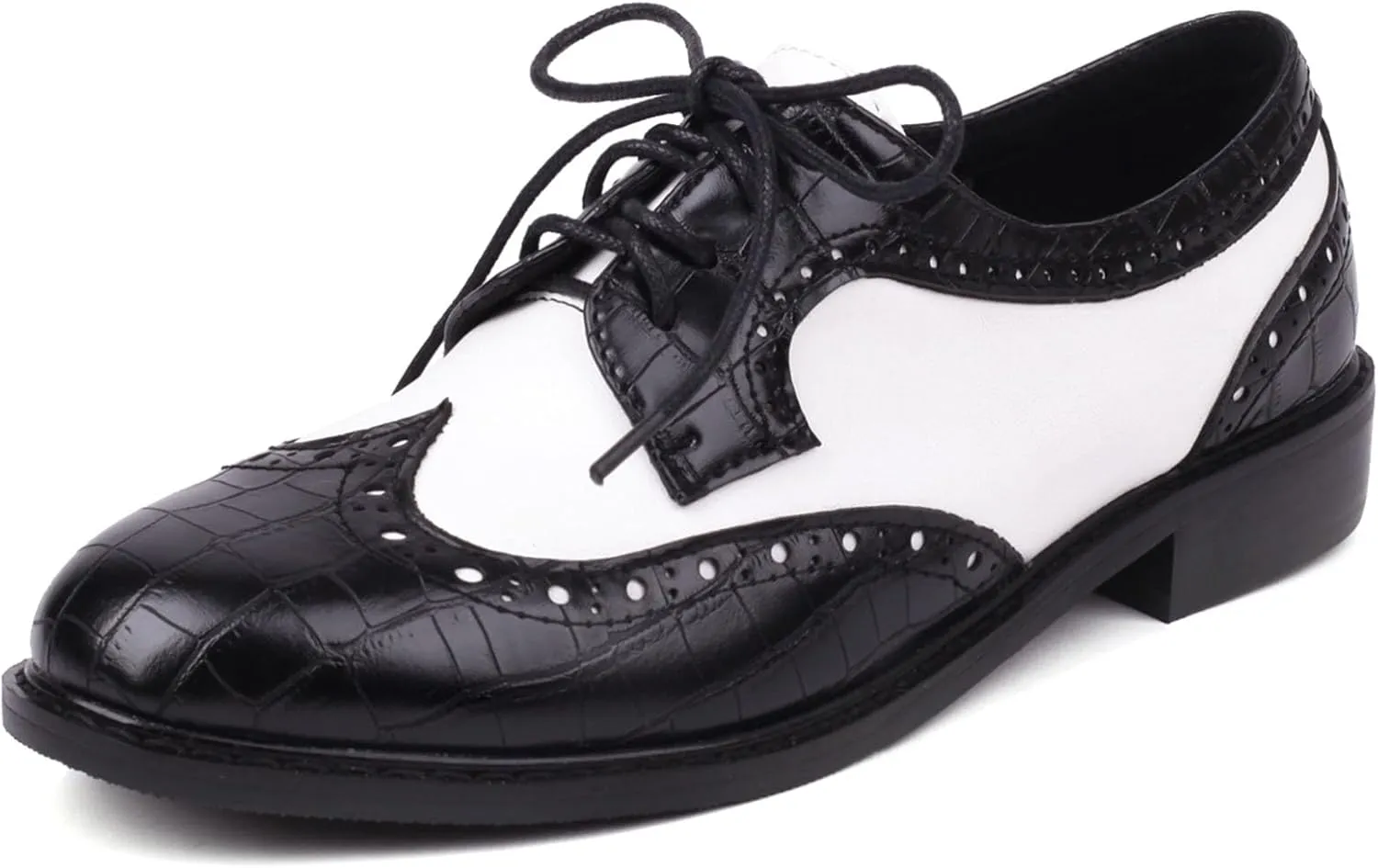 SHEMEE Women's Patent Leather Low Heels Vintage Wingtip Oxfords Pumps Lace Up Pointed Toe Flat Retro Brogues Dress Shoes