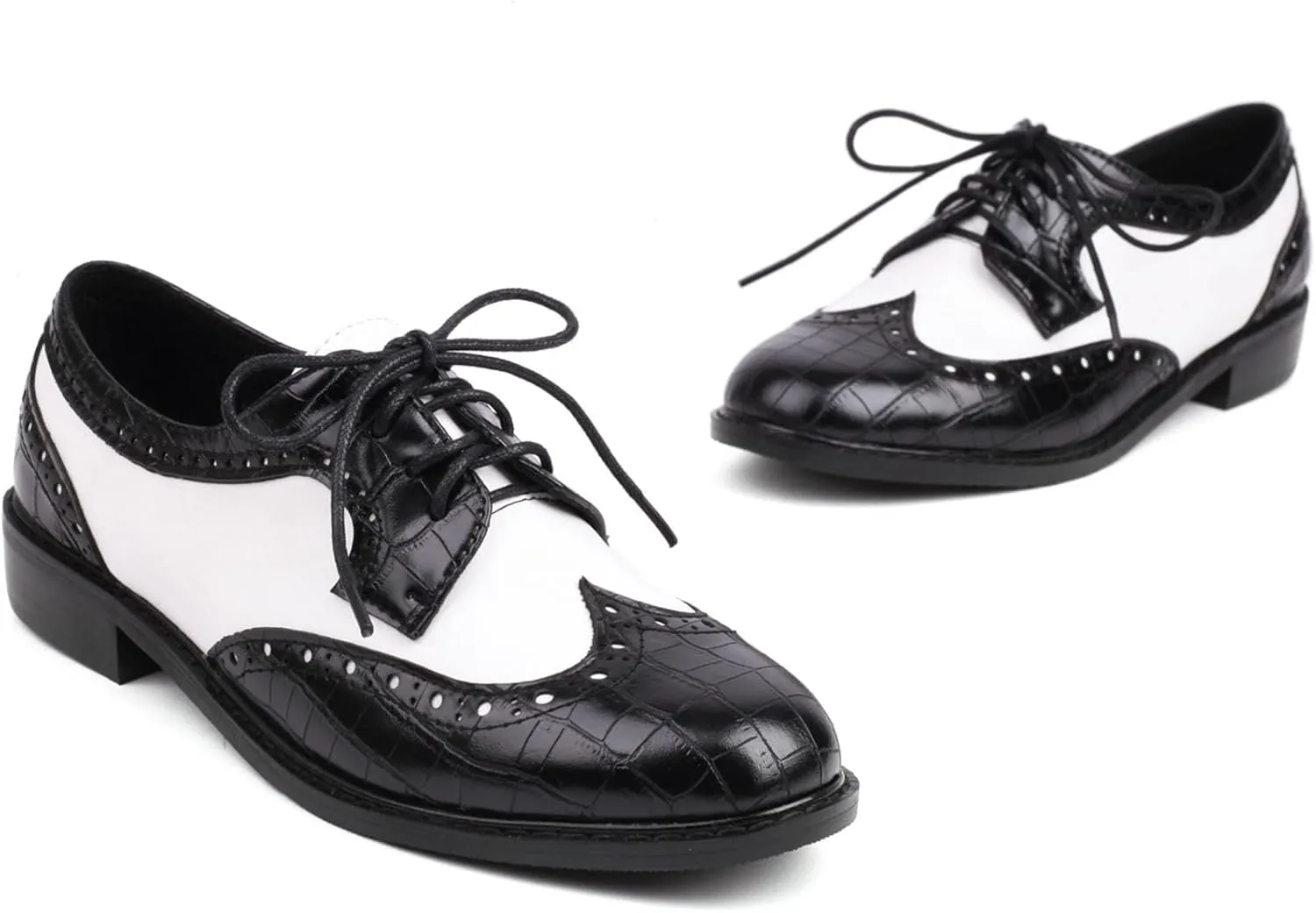 SHEMEE Women's Patent Leather Low Heels Vintage Wingtip Oxfords Pumps Lace Up Pointed Toe Flat Retro Brogues Dress Shoes