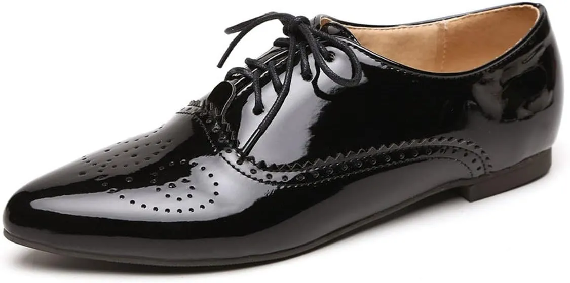 SHEMEE Women's Patent Leather Pointed Toe Flat Oxfords Pumps Vintage Wingtip Low Heels Lace Up Retro Brogues Dress Shoes