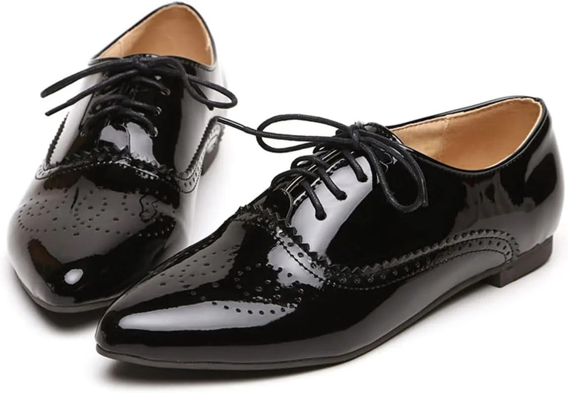 SHEMEE Women's Patent Leather Pointed Toe Flat Oxfords Pumps Vintage Wingtip Low Heels Lace Up Retro Brogues Dress Shoes