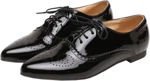SHEMEE Women's Patent Leather Pointed Toe Flat Oxfords Pumps Vintage Wingtip Low Heels Lace Up Retro Brogues Dress Shoes