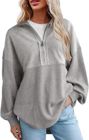 SHEWIN Womens Sweatshirt Casual Waffle Knit Half Zip Pullover Loose Long Sleeve Tops Fall Outfit Clothes 2025
