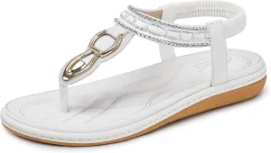 SHIBEVER Womens Sandals Dressy Summer: Women Comfortable Walking Flat Bohemian T-Strap Ladies Casual Comfy Sandals