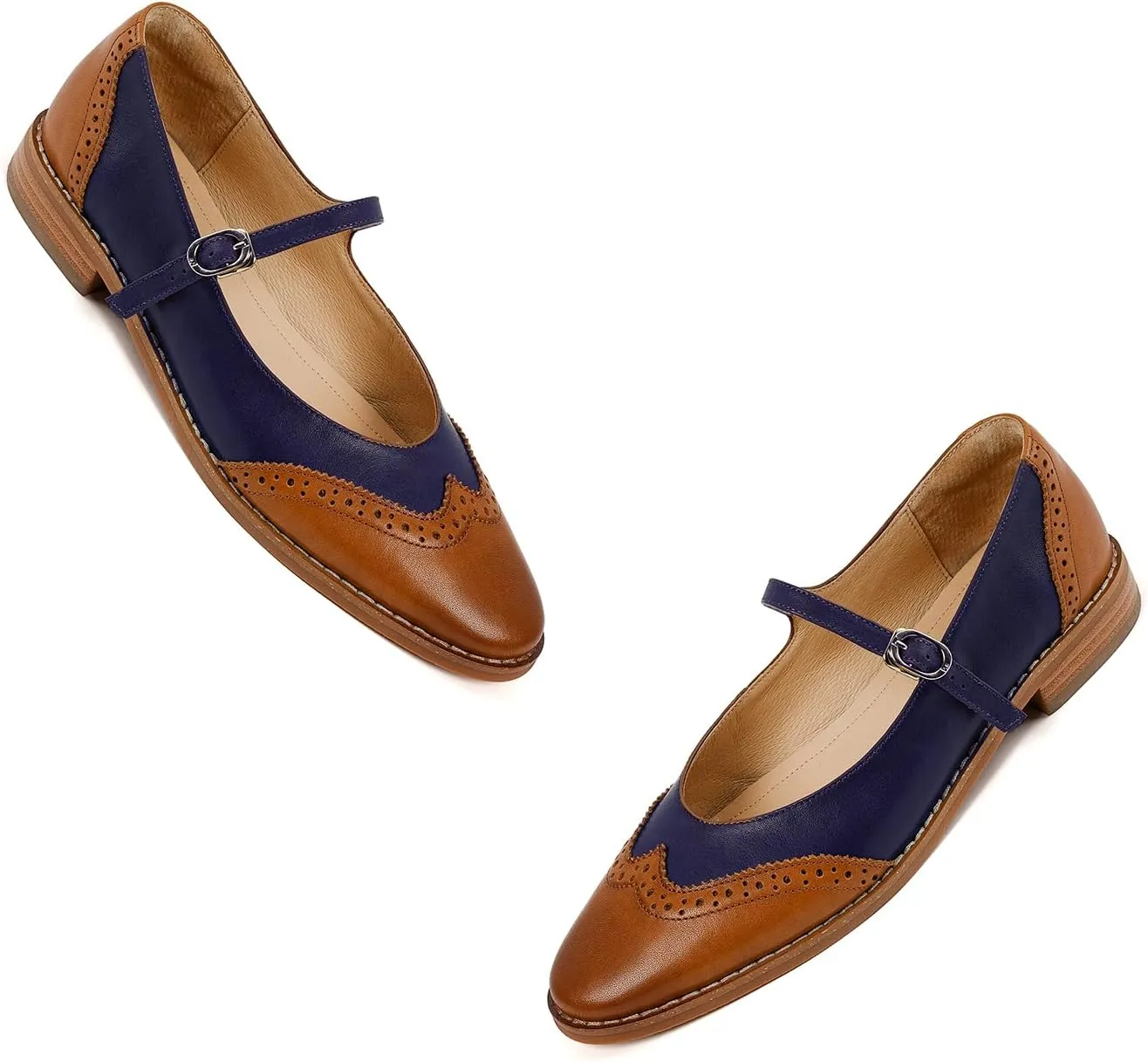 SHODENSE Women Mary Jane Flats Round Toe Ankle Strap Flat Shoes Two Tone Wingtip Oxfords Mary Jane Perforated Retro 1 Flat Heel Dress Shoes Almond Toe Patchwork Comfy Driver Flats 4-11 M US