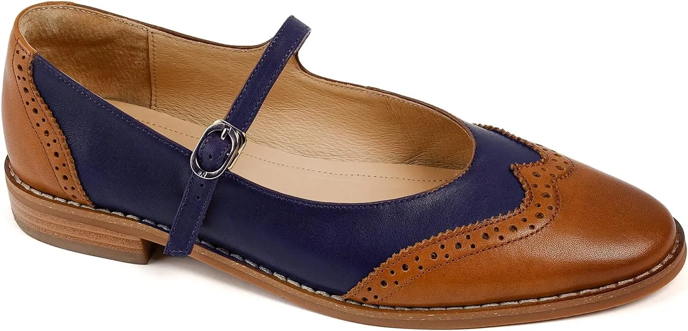 SHODENSE Women Mary Jane Flats Round Toe Ankle Strap Flat Shoes Two Tone Wingtip Oxfords Mary Jane Perforated Retro 1 Flat Heel Dress Shoes Almond Toe Patchwork Comfy Driver Flats 4-11 M US