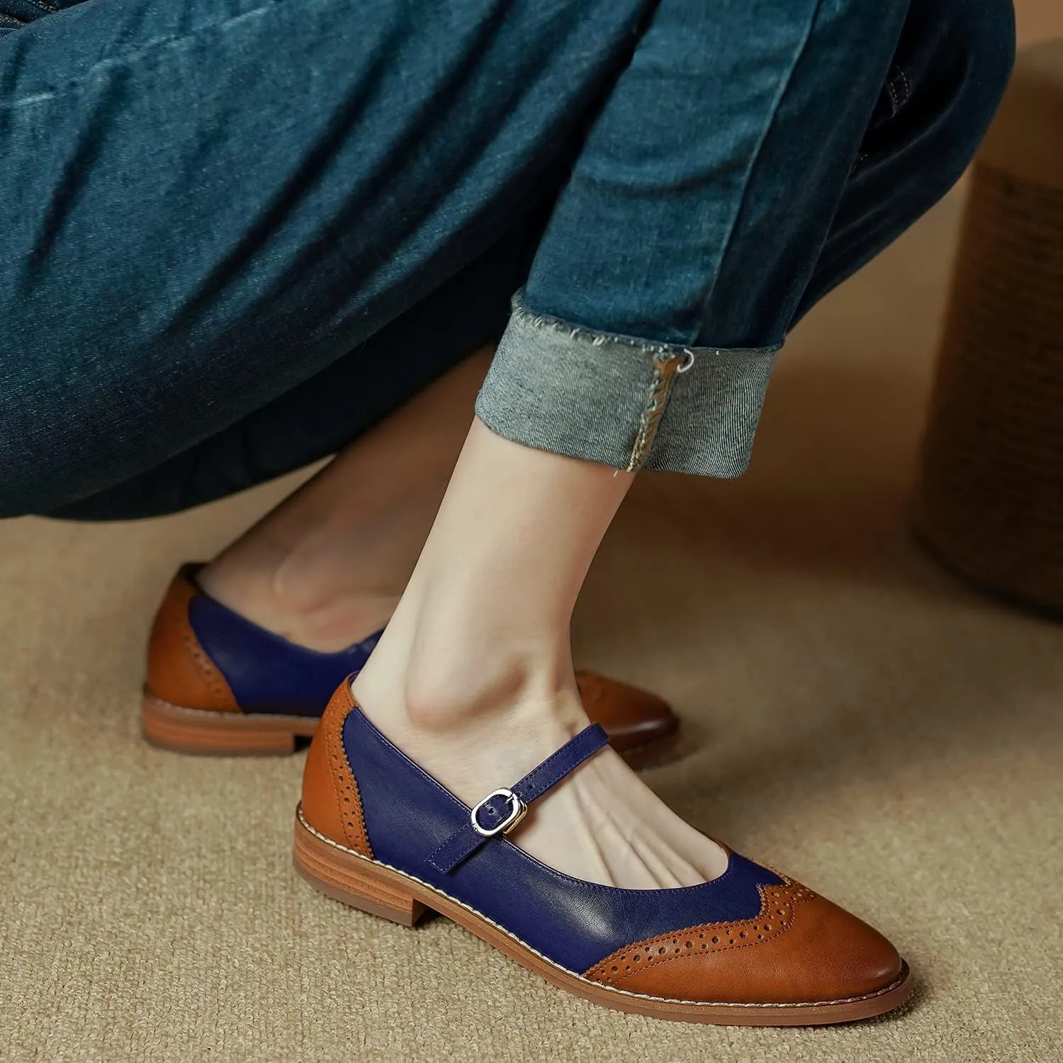 SHODENSE Women Mary Jane Flats Round Toe Ankle Strap Flat Shoes Two Tone Wingtip Oxfords Mary Jane Perforated Retro 1 Flat Heel Dress Shoes Almond Toe Patchwork Comfy Driver Flats 4-11 M US