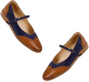SHODENSE Women Mary Jane Flats Round Toe Ankle Strap Flat Shoes Two Tone Wingtip Oxfords Mary Jane Perforated Retro 1 Flat Heel Dress Shoes Almond Toe Patchwork Comfy Driver Flats 4-11 M US