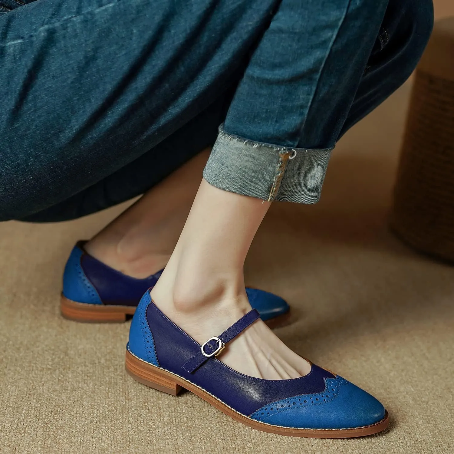 SHODENSE Women Mary Jane Flats Round Toe Ankle Strap Flat Shoes Two Tone Wingtip Oxfords Mary Jane Perforated Retro 1 Flat Heel Dress Shoes Almond Toe Patchwork Comfy Driver Flats 4-11 M US