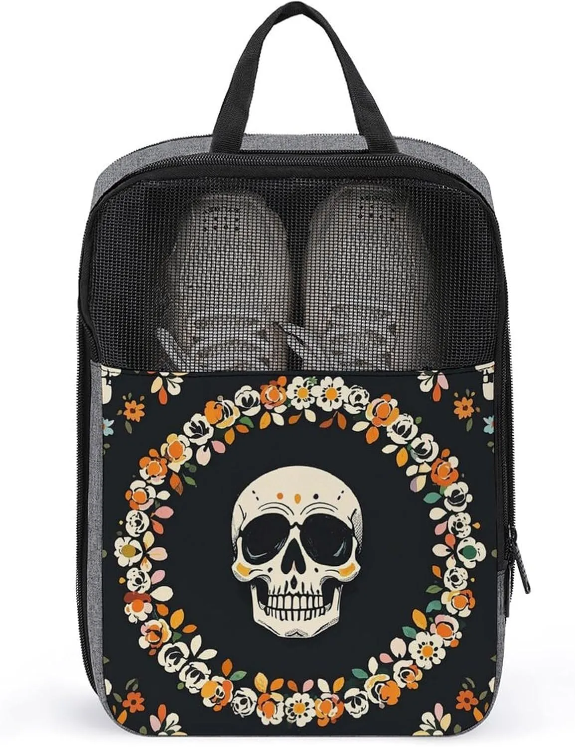 Shoe Bags for Men Women A Wreath Surrounds The Skeleton Shoe Pouch with Zipper Breathable Golf Shoe Bag for Travel Outside Shoe Storage Organizer for Sport Business Trip Gym