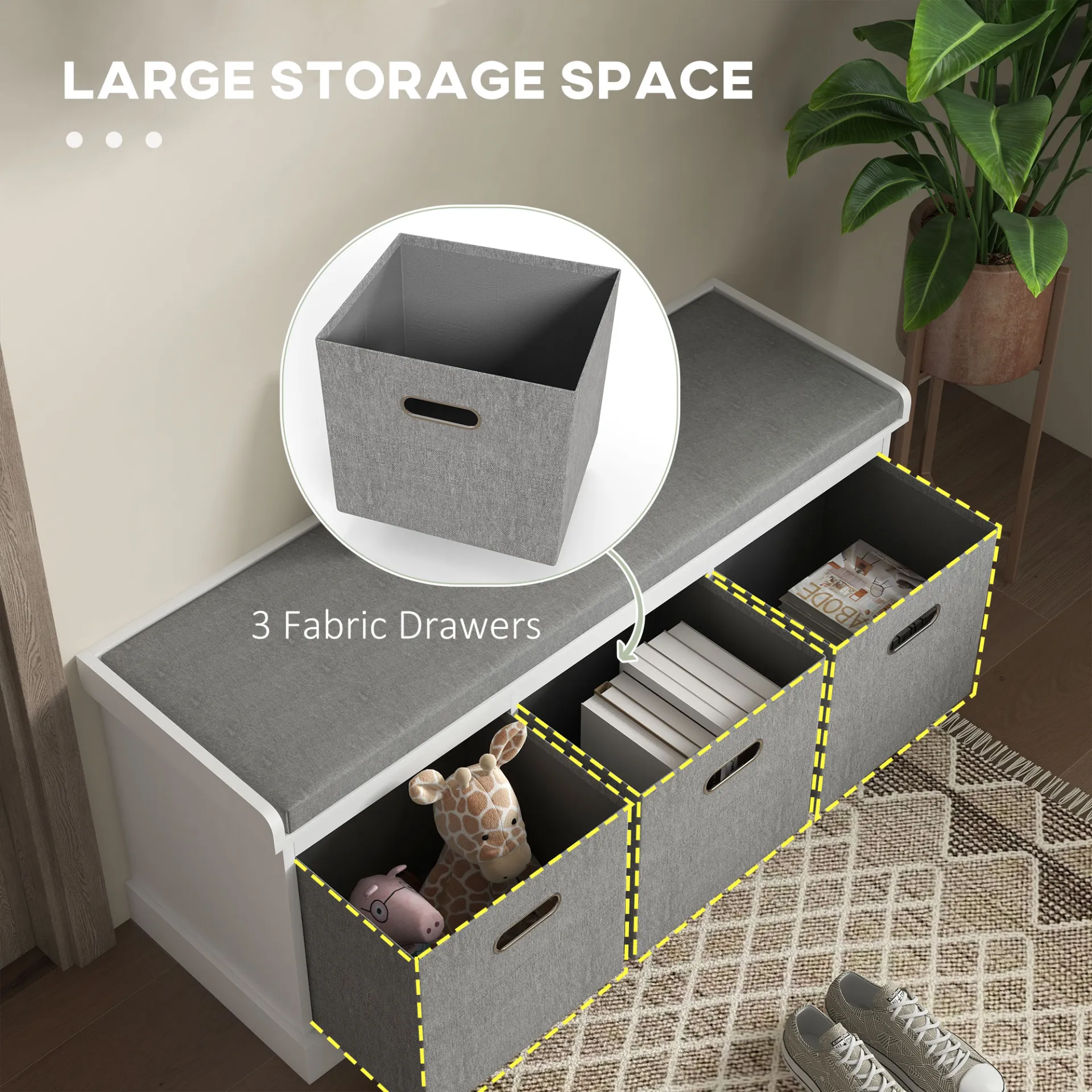 Shoe Bench with Seat, Shoe Storage Bench with Cushion and 3 Fabric Drawers for Entryway, Hallway, Living Room, Bedroom, White | HOMCOM