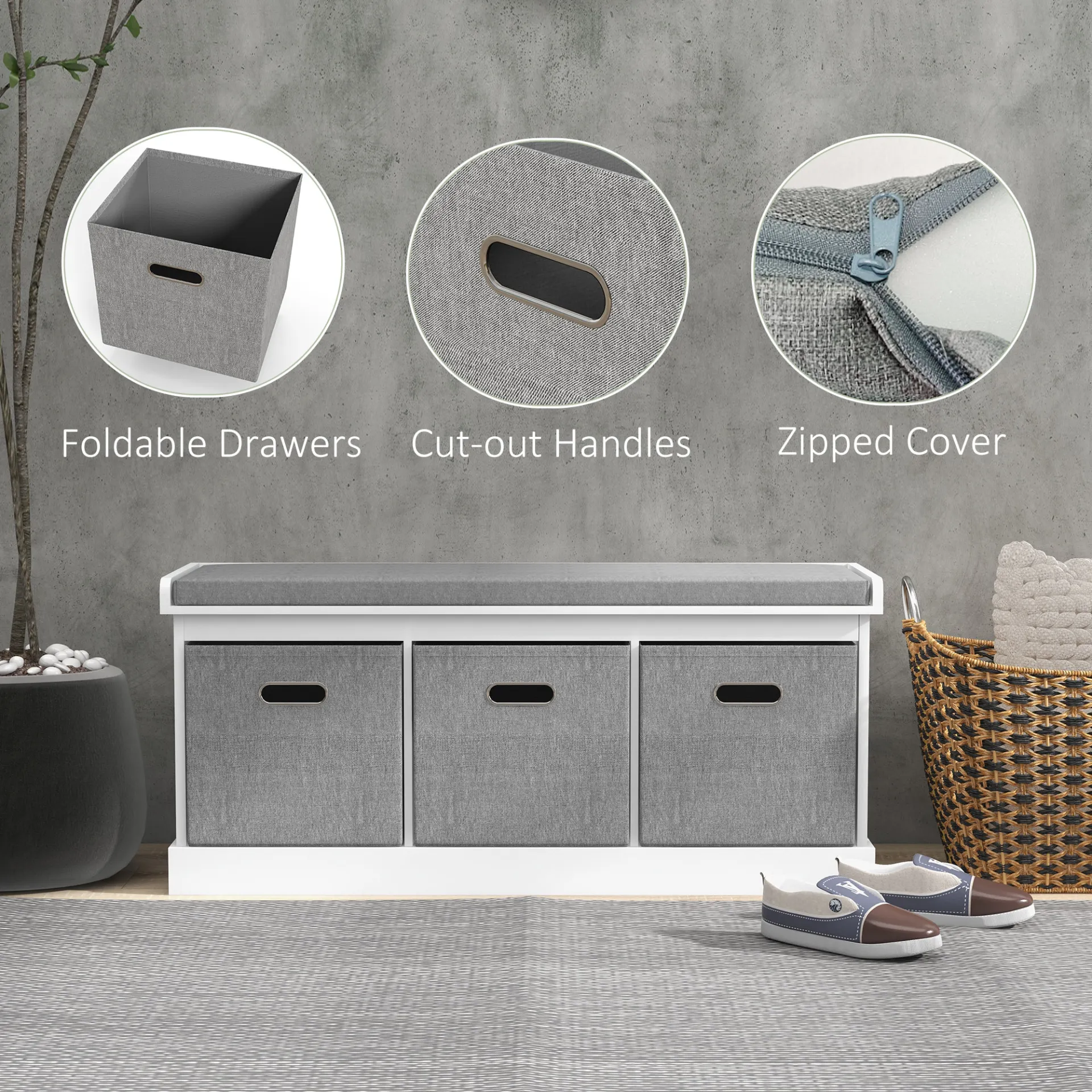Shoe Bench with Seat, Shoe Storage Bench with Cushion and 3 Fabric Drawers for Entryway, Hallway, Living Room, Bedroom, White | HOMCOM