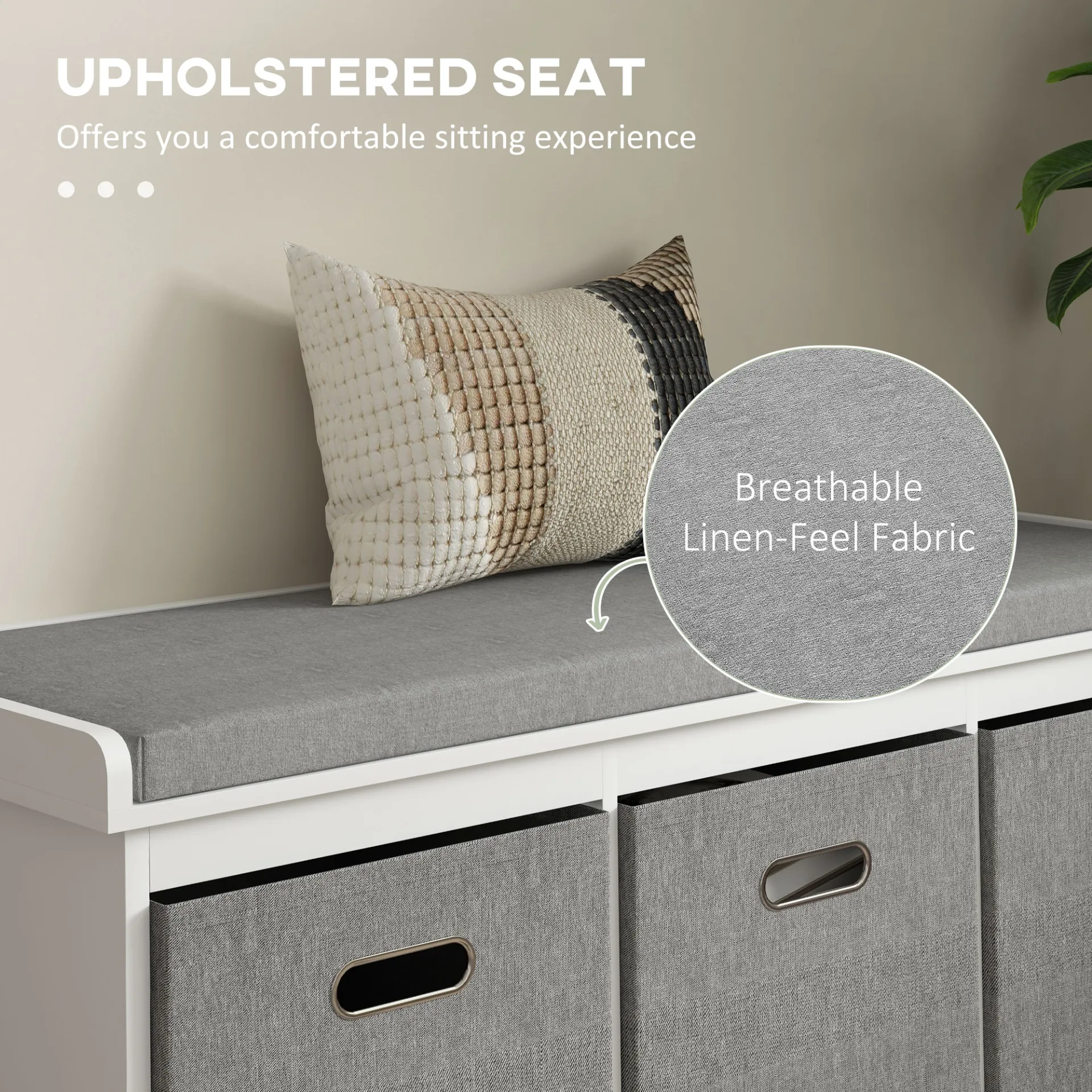 Shoe Bench with Seat, Shoe Storage Bench with Cushion and 3 Fabric Drawers for Entryway, Hallway, Living Room, Bedroom, White | HOMCOM