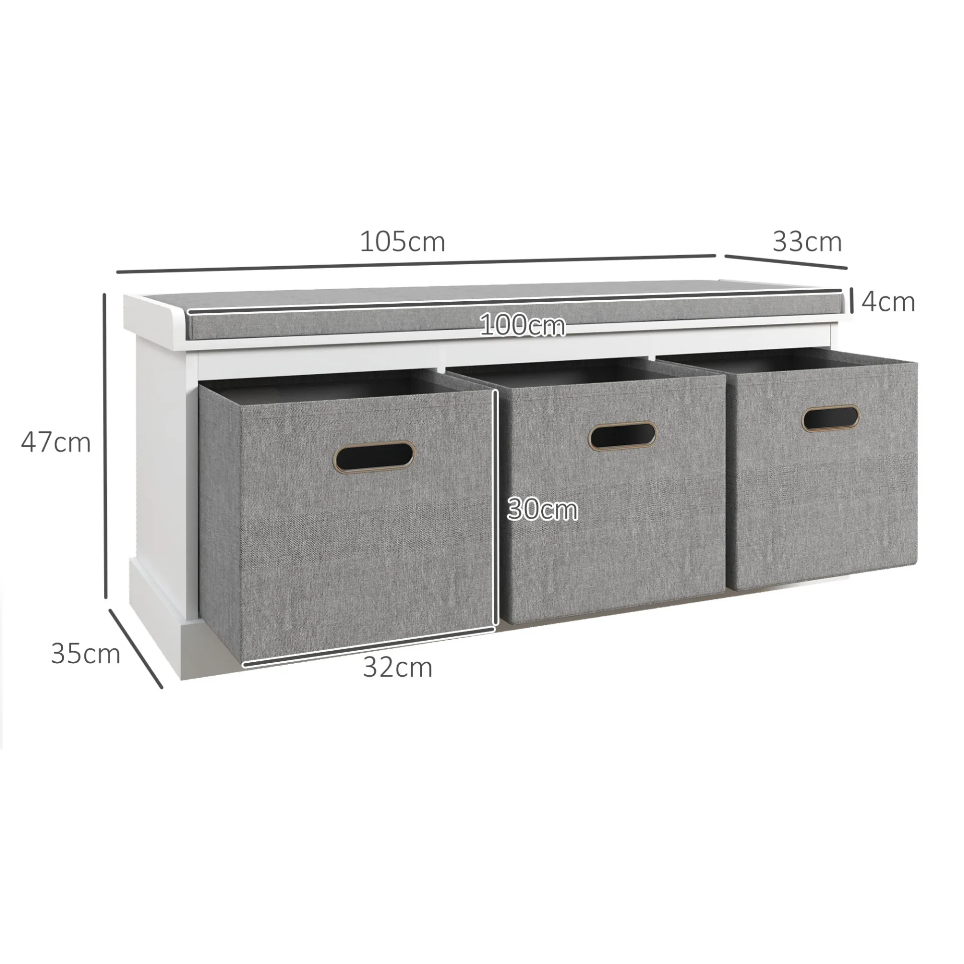 Shoe Bench with Seat, Shoe Storage Bench with Cushion and 3 Fabric Drawers for Entryway, Hallway, Living Room, Bedroom, White | HOMCOM