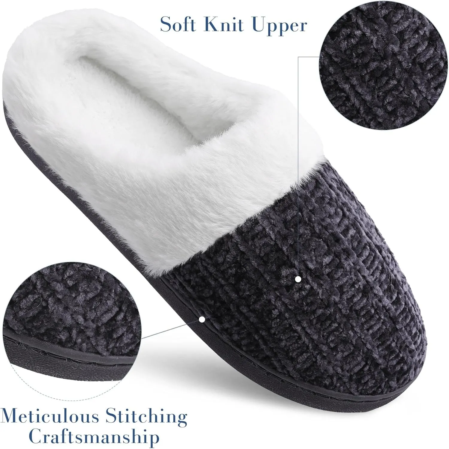 shoeslocker Women's Memory Foam Fuzzy Slippers Knit house shoe for Women Comfy Wool-Like Lined Slippers Indoor Outdoor
