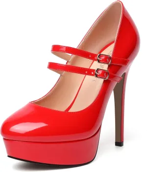 SHOWFOREST Womens Sexy Adjustable Strap Slip On Party Patent Round Toe Stiletto High Heel Pumps Shoes 5 Inch