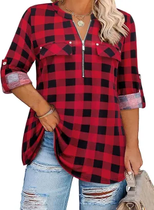 Siddhe Women 3/4 Sleeve Plus Size Tunics Zip Front V-Neck Tops Casual Loose Fit T Shirt Blouse