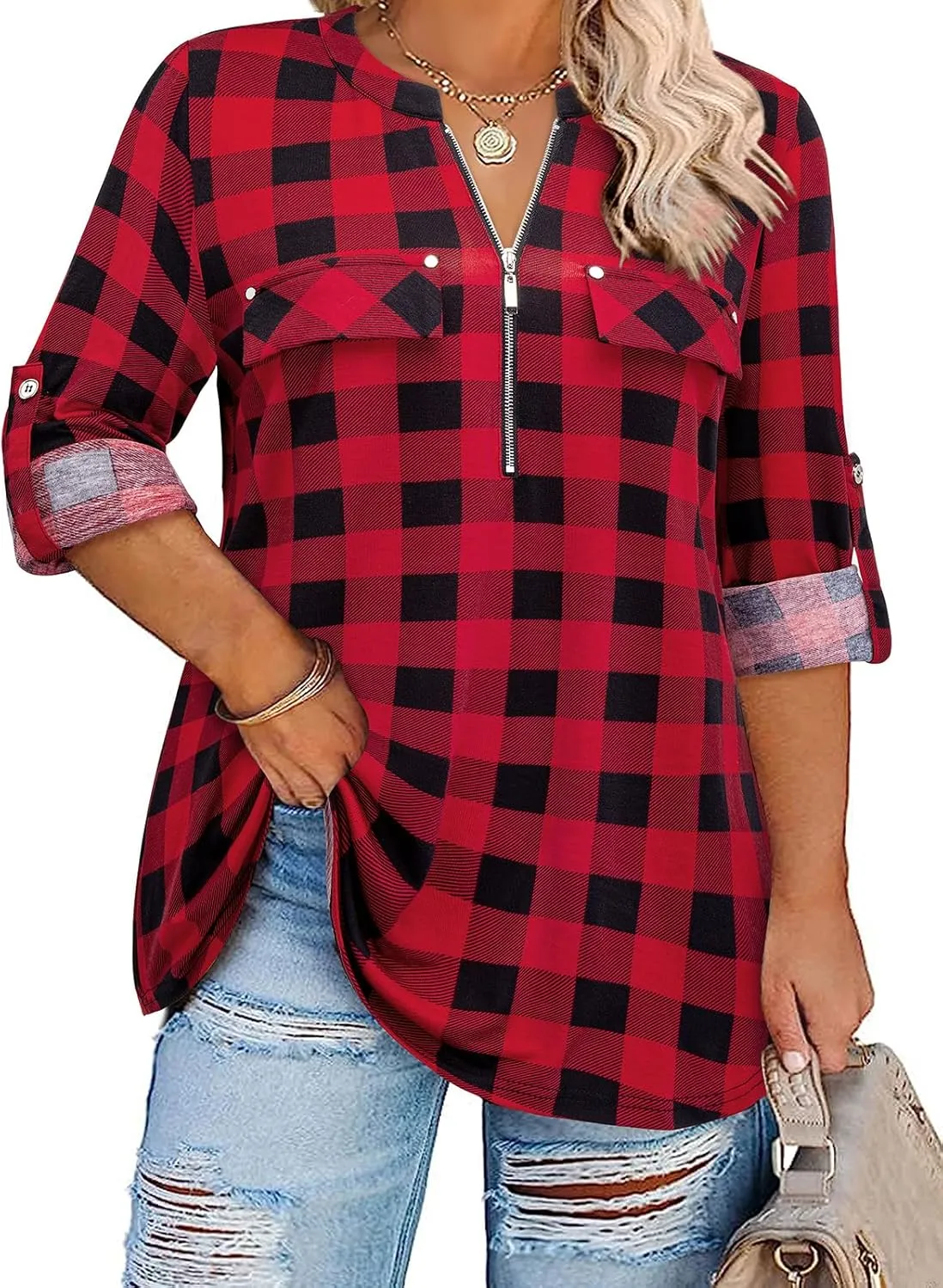 Siddhe Women 3/4 Sleeve Plus Size Tunics Zip Front V-Neck Tops Casual Loose Fit T Shirt Blouse