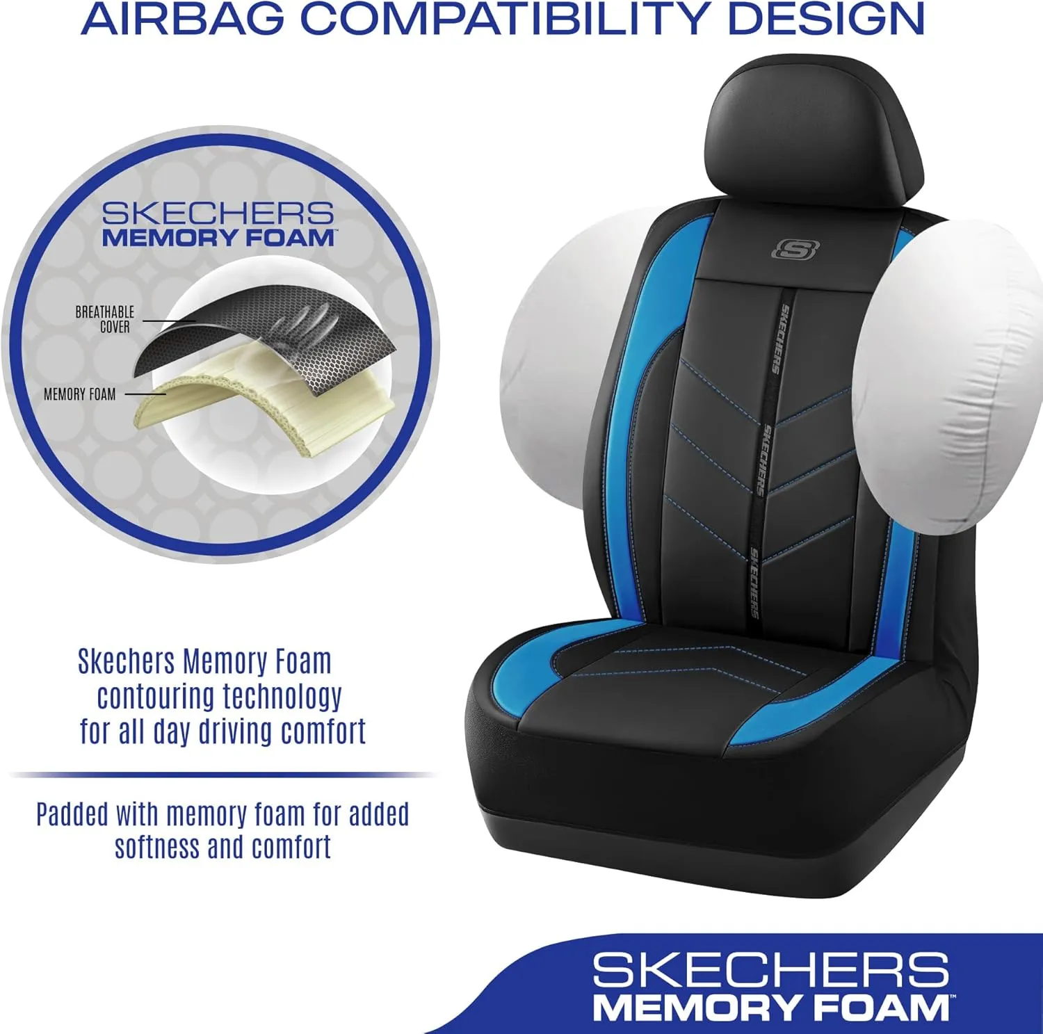 Skechers Car Seat Covers,Luxury Faux Leather Seat Covers,Waterproof Anti Slip Car Seat Protector Front Seats,Car Accessories Airbag Universal Fit for Most Cars,Vans,Trucks,SUV,Blue