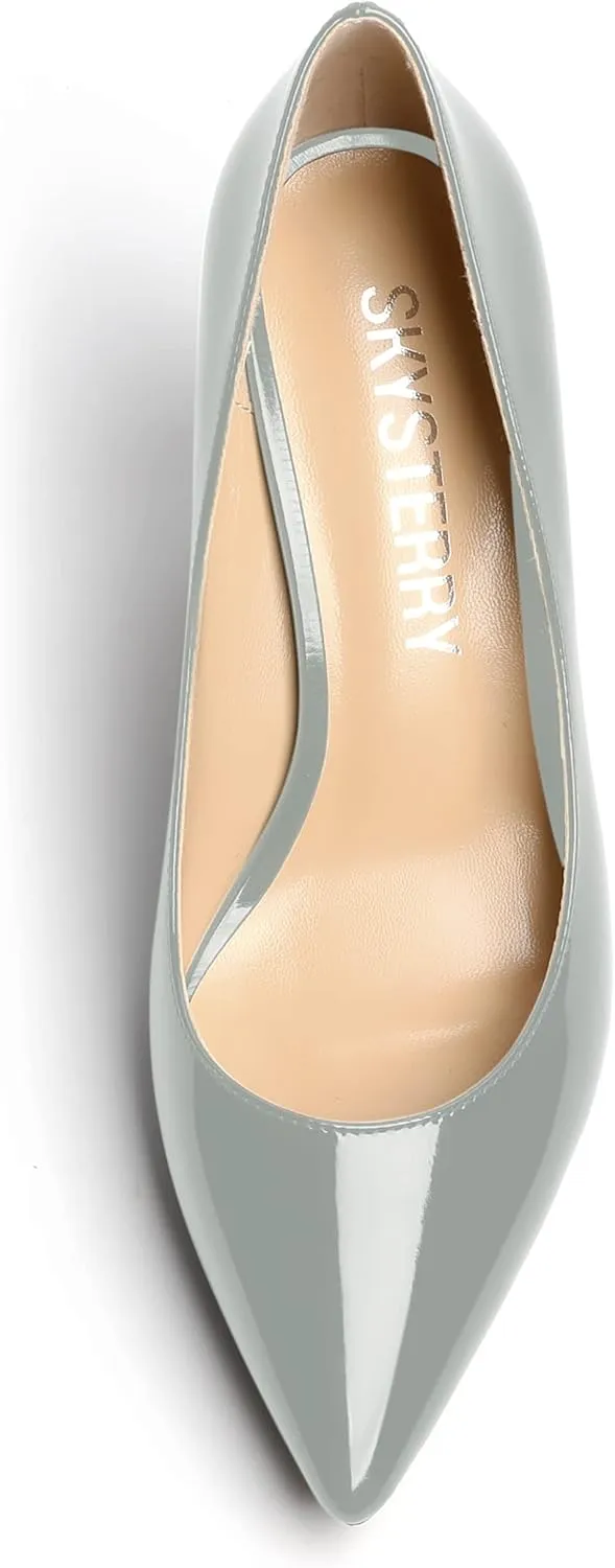 SKYSTERRY Womens Pointed Toe Solid Patent Sexy Wedding Slip On Block High Heel Pumps Shoes 3.3 Inch