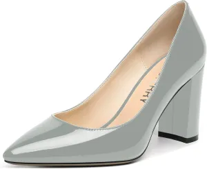 SKYSTERRY Womens Pointed Toe Solid Patent Sexy Wedding Slip On Block High Heel Pumps Shoes 3.3 Inch
