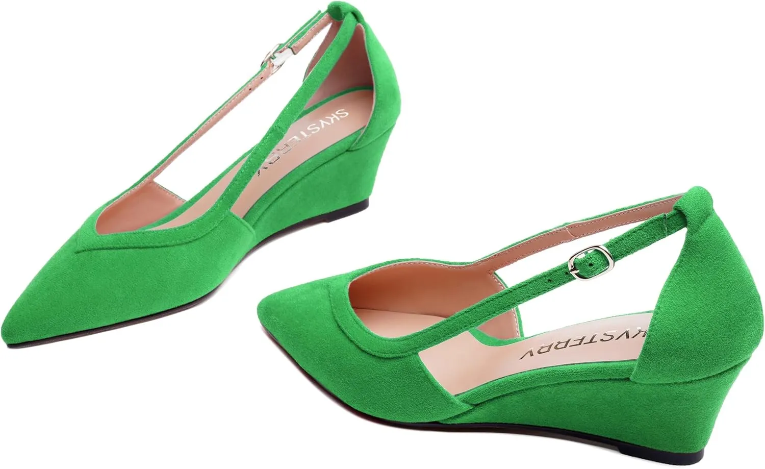 SKYSTERRY Womens Wedding Suede Slip On Pointed Toe Dress Wedge Low Heel Pumps Shoes 2 Inch