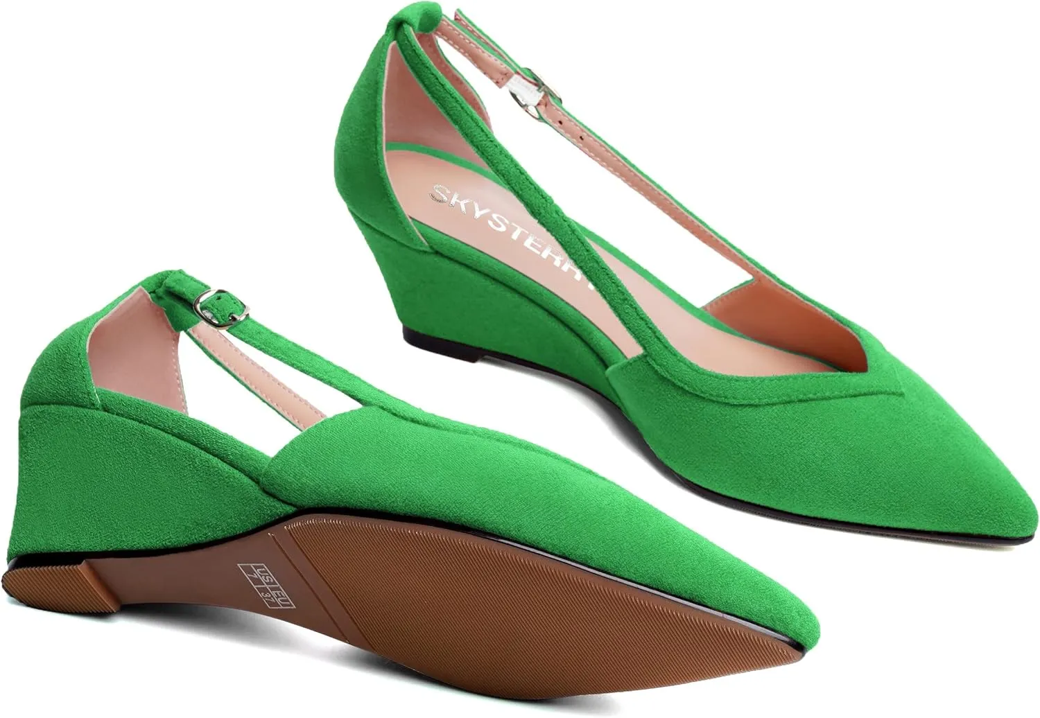 SKYSTERRY Womens Wedding Suede Slip On Pointed Toe Dress Wedge Low Heel Pumps Shoes 2 Inch