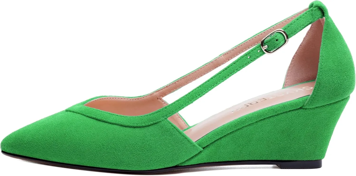 SKYSTERRY Womens Wedding Suede Slip On Pointed Toe Dress Wedge Low Heel Pumps Shoes 2 Inch