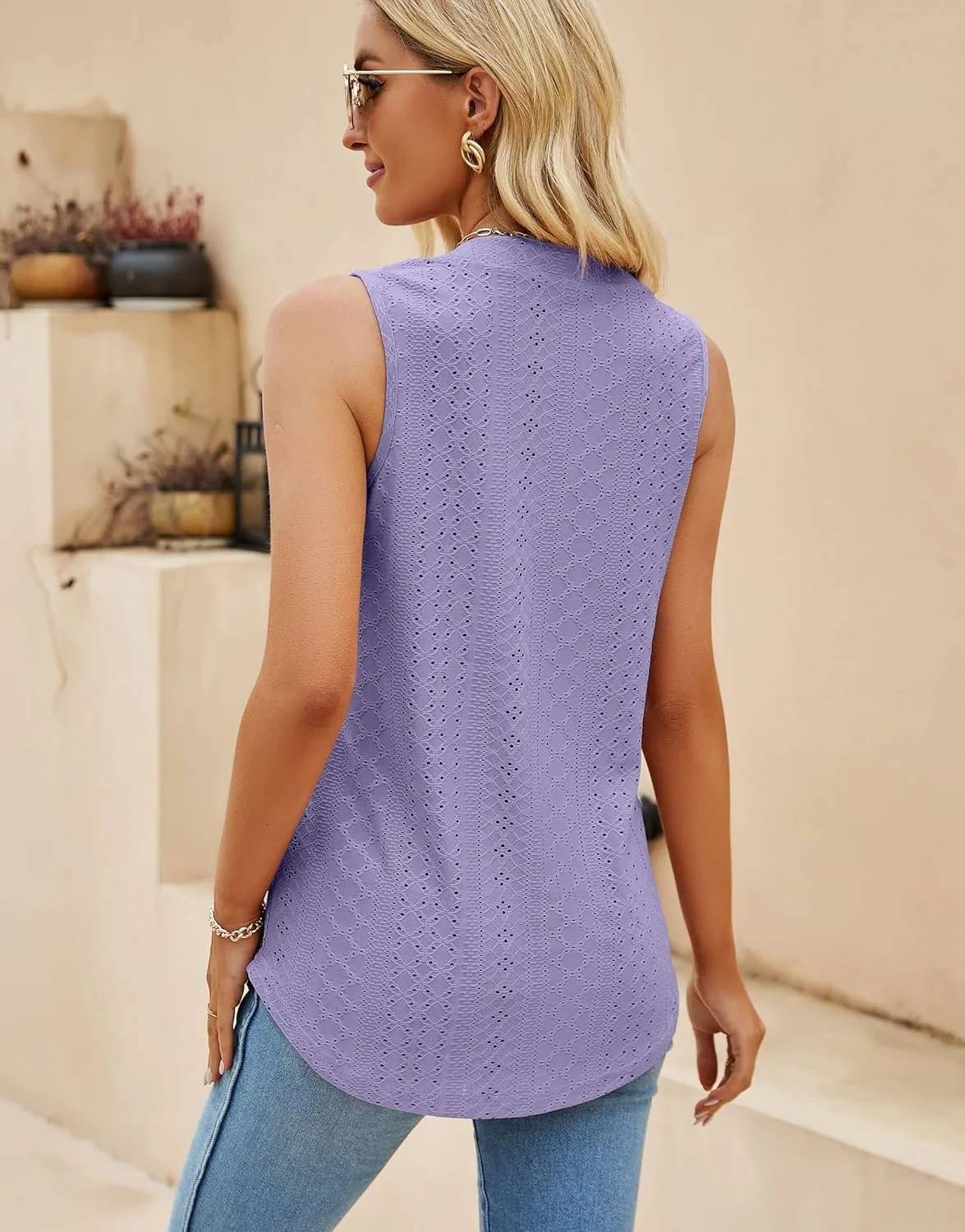 Sleeveless Tops for Women Dressy Casual Summer Blouses Trendy Eyelet Office Work Shirts
