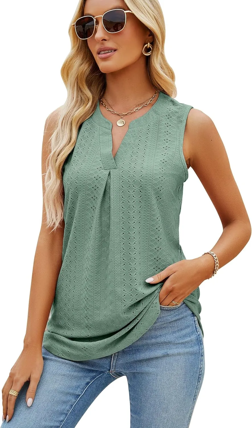 Sleeveless Tops for Women Dressy Casual Summer Blouses Trendy Eyelet Office Work Shirts