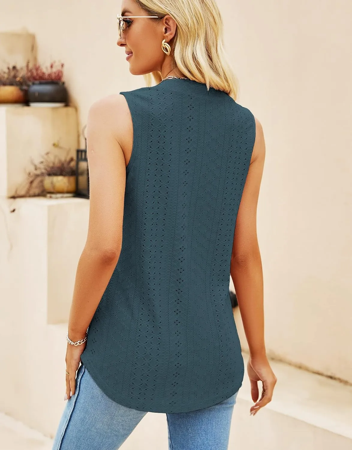 Sleeveless Tops for Women Dressy Casual Summer Blouses Trendy Eyelet Office Work Shirts