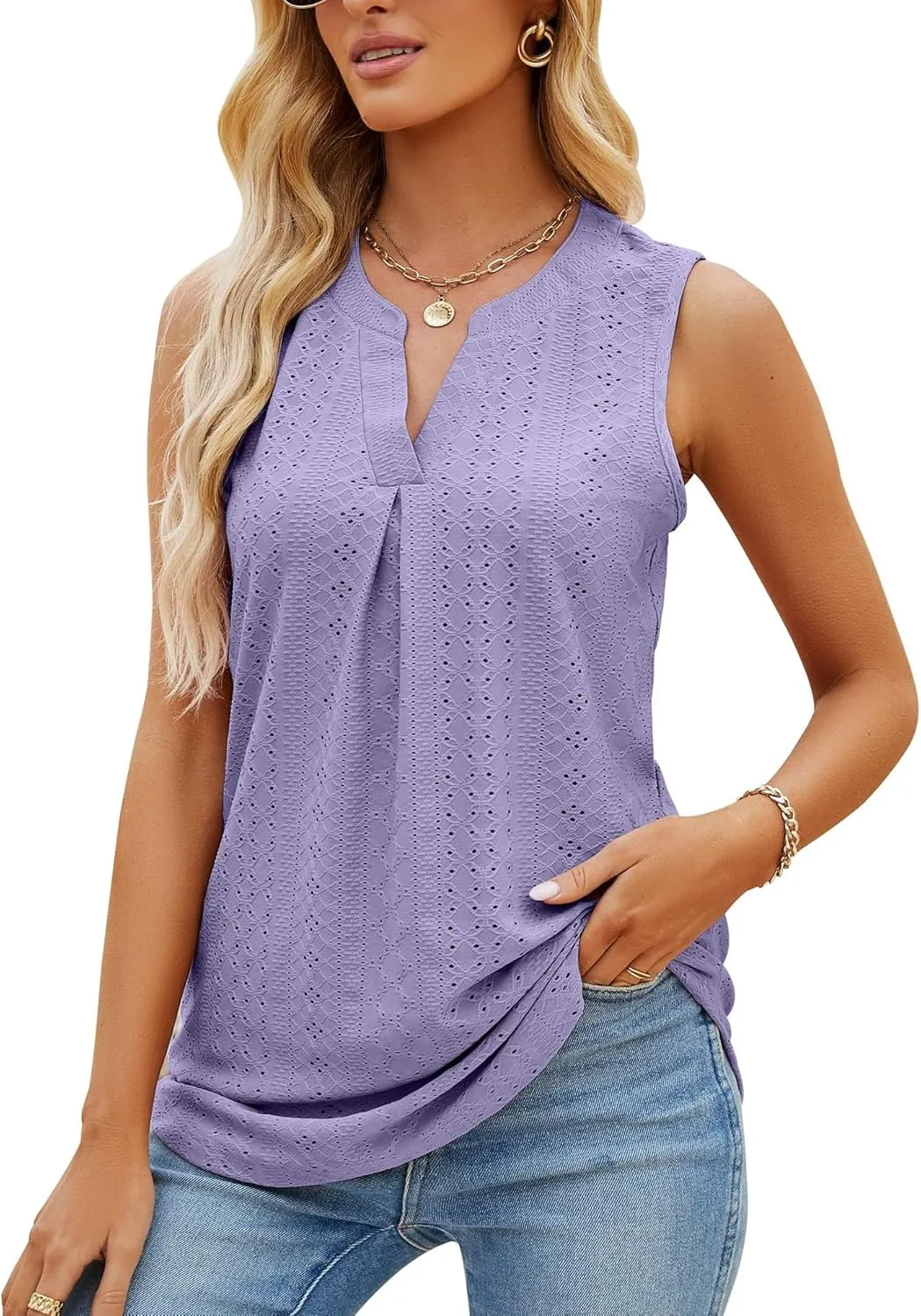 Sleeveless Tops for Women Dressy Casual Summer Blouses Trendy Eyelet Office Work Shirts