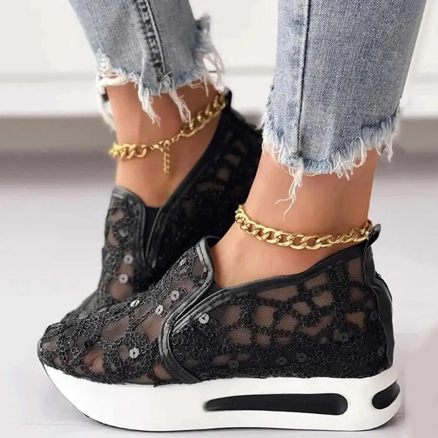 Slip On Sneakers Women Platform Wedge Sneakers Fashion Embroidery Floral Mesh Air Comfort Chunky Sole Hidden High Heels Slip On Loafers Breathable Walking Shoes with Arch Support